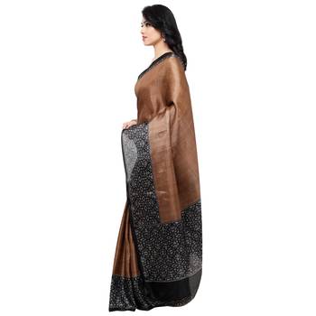 Brown printed tussar silk saree with blouse 2