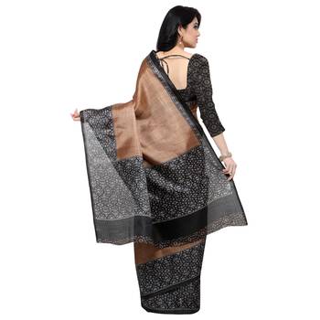 Brown printed tussar silk saree with blouse 3