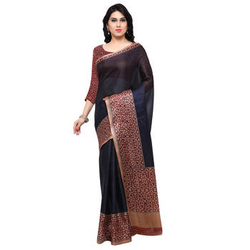 Navy Blue Printed Tussar Silk Saree With Blouse 1