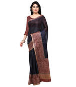 Navy Blue Printed Tussar Silk Saree With Blouse