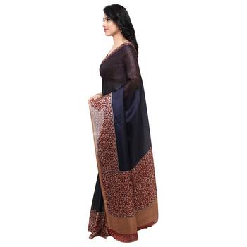 Navy Blue Printed Tussar Silk Saree With Blouse 2