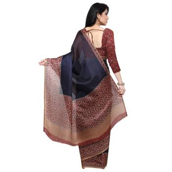 Navy Blue Printed Tussar Silk Saree With Blouse 3