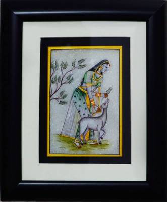 eCraftIndia Pretty Ragini Marble Painting playing with Calf (Wooden Framed) 1