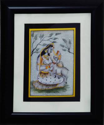 eCraftIndia Ragini Marble Painting playing with Calf (Wooden Framed) 1