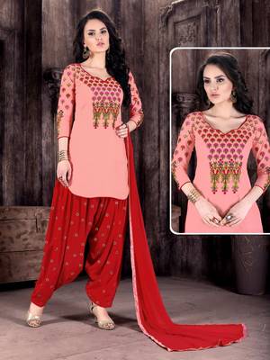 Peach embroidered Cotton unstitched salwar with dupatta 1