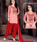 Peach embroidered Cotton unstitched salwar with dupatta