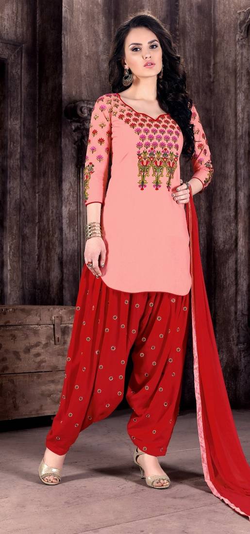 Peach embroidered Cotton unstitched salwar with dupatta
