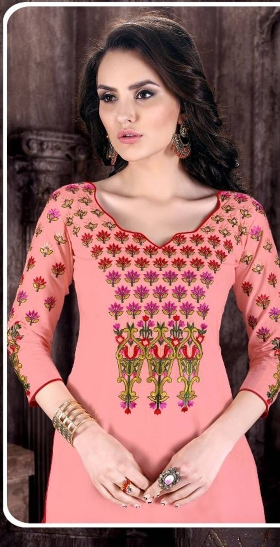 Peach embroidered Cotton unstitched salwar with dupatta