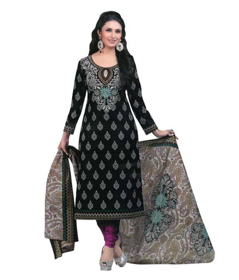 black printed cotton unstitched salwar with dupatta