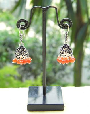 Oxidized Metal Jhumkas/Jhumkis Orange Beads 1