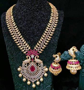 Ruby And Zirconia Stones Necklace Set With Jhumkas 1