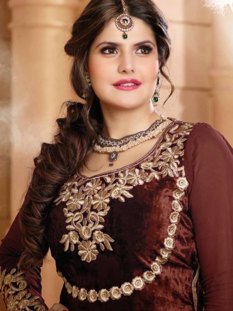 Zareen khan Braun Georgette Semi Stitched Anarkali Salwar suit By Fabfiza