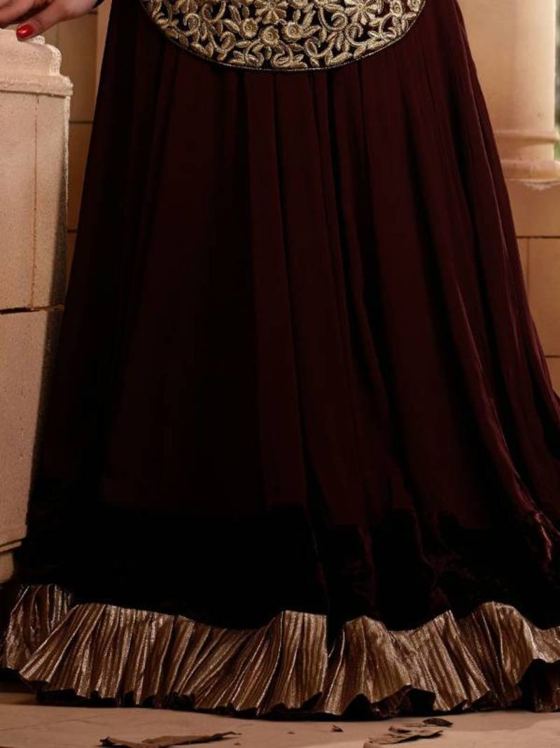 Zareen khan Braun Georgette Semi Stitched Anarkali Salwar suit By Fabfiza
