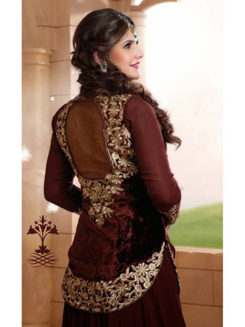 Zareen khan Braun Georgette Semi Stitched Anarkali Salwar suit By Fabfiza