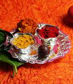 Silver Plated Haldi Kunku Karand And Kankavati And Kumkum Pooja Thali Set