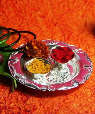 Silver Plated Haldi Kunku Karand And Kankavati And Kumkum Pooja Thali Set 1