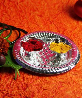 Silver Plated Haldi Kunku Karand And Kankavati And Kumkum Pooja Thali Set 3