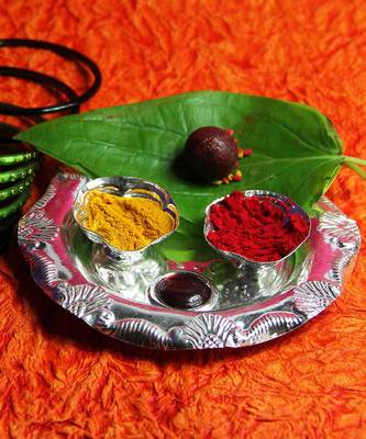 Silver Plated Haldi Kunku Karand And Kankavati And Kumkum Pooja Thali Set 1