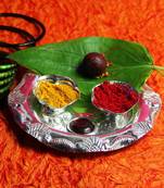 Silver Plated Haldi Kunku Karand And Kankavati And Kumkum Pooja Thali Set