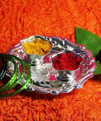Silver Plated Haldi Kunku Karand And Kankavati And Kumkum Pooja Thali Set 1