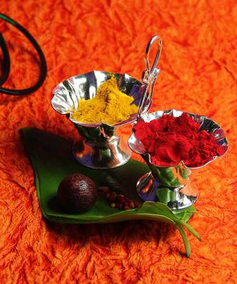 Silver Plated Haldi Kunku Karand And Kankavati And Kumkum Pooja Thali Set With Holder 2
