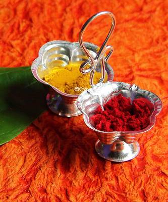 Silver Plated Haldi Kunku Karand And Kankavati And Kumkum Pooja Thali Set With Holder 2