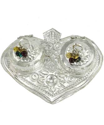 Silver Plated Pan Shape Haldi Kunku Karand And Kankavati And Kumkum Pooja Thali Set 1