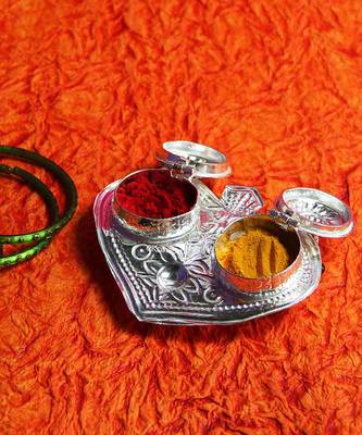 Silver Plated Pan Shape Haldi Kunku Karand And Kankavati And Kumkum Pooja Thali Set 3