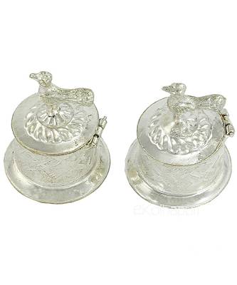 Silver Plated Two Separate Haldi Kunku Karand And Kankavati And Kumkum Pooja Thali Set 1