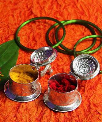 Silver Plated Two Separate Haldi Kunku Karand And Kankavati And Kumkum Pooja Thali Set 2