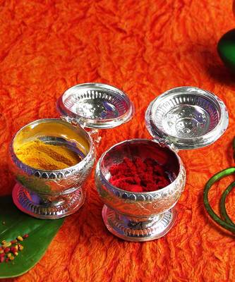 Silver Plated Two Separate Haldi Kunku Karand And Kankavati And Kumkum Pooja Thali Set 2