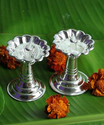 Set Of Two Devdas Silver Plated Oil Pooja Lamp And Diya And Niranjan 2