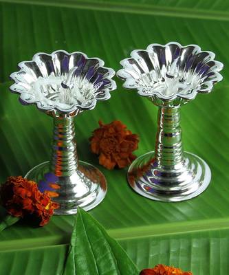 Set Of Two Devdas Silver Plated Oil Pooja Lamp And Diya And Niranjan 2