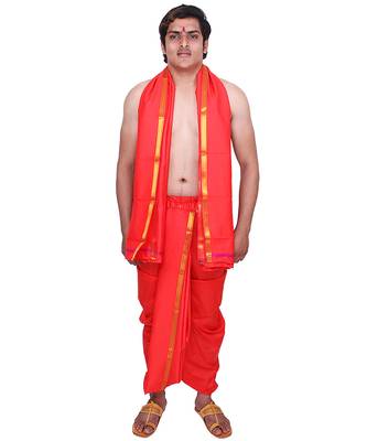 Catlon Silk Blood Red  Fabric Free Size Men'S Art Dhoti And Angavastram Set 1
