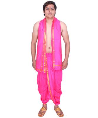 Catlon Silk Dark Pink  Fabric Free Size Men'S Art Dhoti And Angavastram Set 1