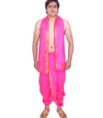 Catlon Silk Dark Pink  Fabric Free Size Men'S Art Dhoti And Angavastram Set