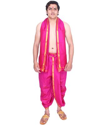 Catlon Silk Fuchsia  Fabric Free Size Men'S Art Dhoti And Angavastram Set 1
