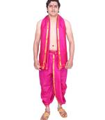 Catlon Silk Fuchsia  Fabric Free Size Men'S Art Dhoti And Angavastram Set