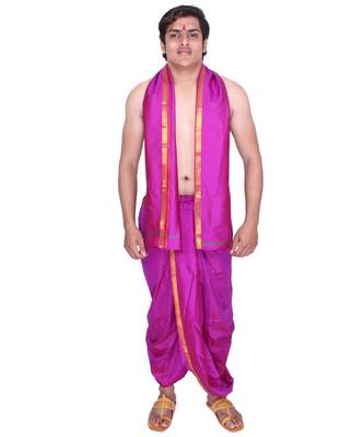 Catlon Silk Magenta  Fabric Free Size Men'S Art Dhoti And Angavastram Set 1