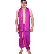 Catlon Silk Magenta  Fabric Free Size Men'S Art Dhoti And Angavastram Set