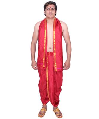 Catlon Silk Maroon  Fabric Free Size Men'S Art Dhoti And Angavastram Set 1