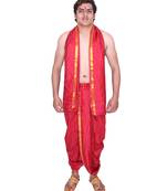 Catlon Silk Maroon  Fabric Free Size Men'S Art Dhoti And Angavastram Set