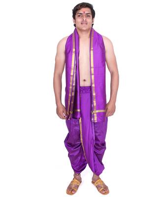 Catlon Silk Purple  Fabric Free Size Men'S Art Dhoti And Angavastram Set 1