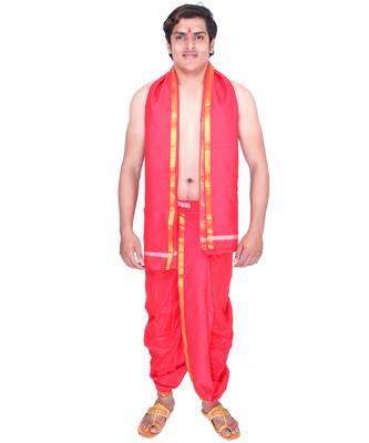 Catlon Silk Red  Fabric Free Size Men'S Art Dhoti And Angavastram Set 1