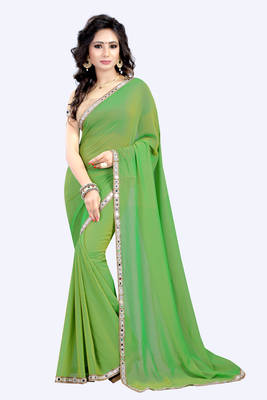 Parrot green plain faux georgette saree with blouse 1