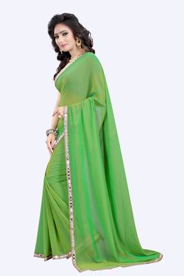 Parrot green plain faux georgette saree with blouse 2