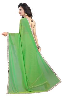 Parrot green plain faux georgette saree with blouse 3