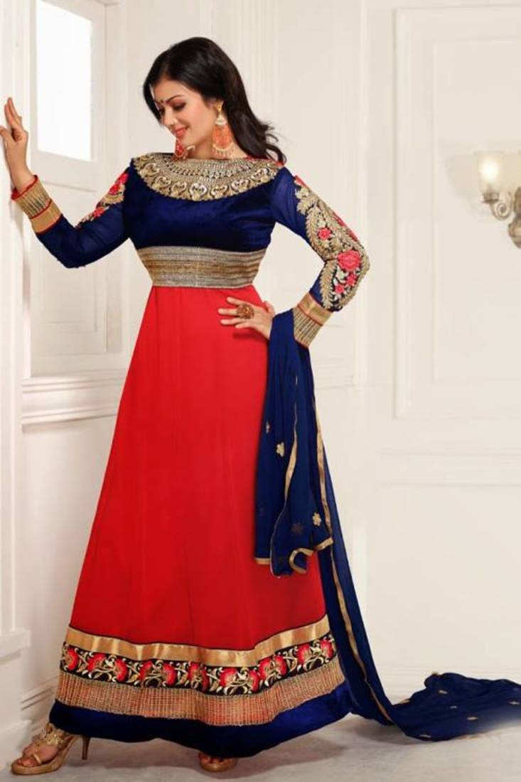 Ayesha Takia Blue and Red Long Anarkali Suit
