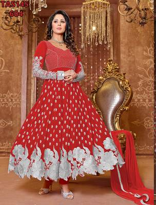 Red embroidered georgette semi stitched salwar with dupatta 1