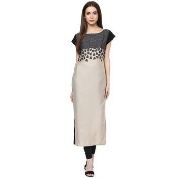 grey printed crepe stitched kurti 1